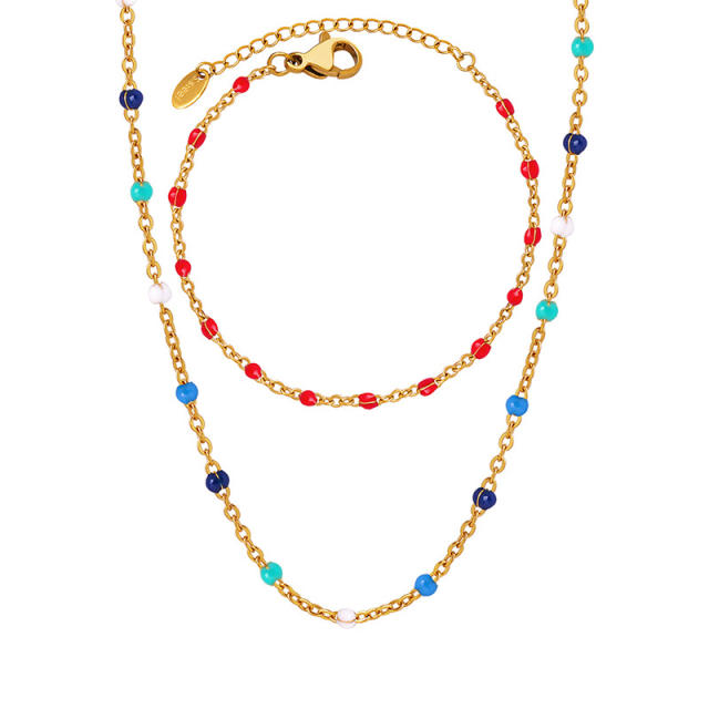 Summer colorful enamel tiny bead dainty stainless steel necklace bracelet set