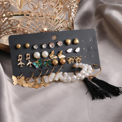 16 pair Hot sale pearl tassel leopard pattern hoop earrings set