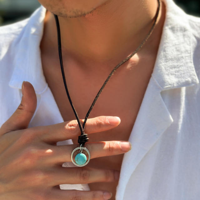 Hiphop turquoise pendant PU leather adjustable necklace surfing necklace for men