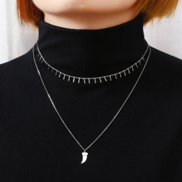 Dainty ox horn pendant two layer stainless steel necklace