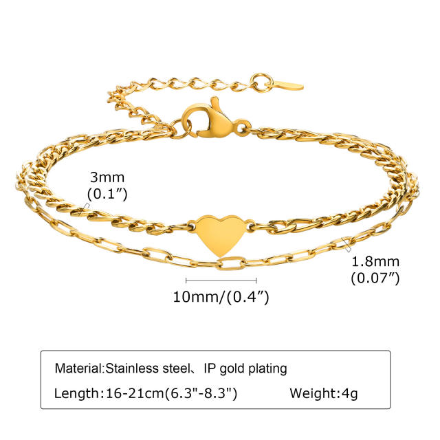 Dainty two layer infinity heart bar stainless steel women bracelet