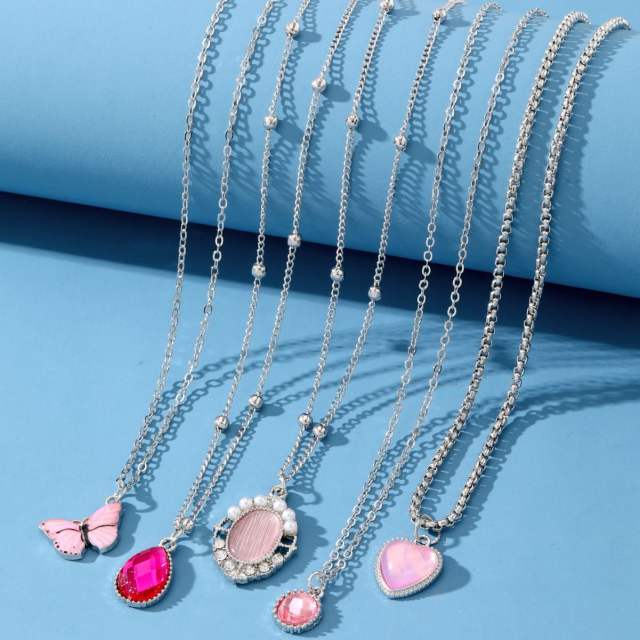 5pcs pink color acrylic heart  drop butterfly pendant necklace set