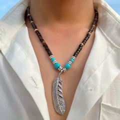 Boho wood bead silver feather pendant necklace for men