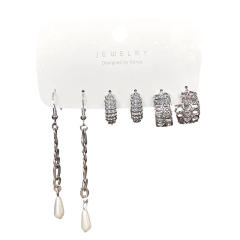 3 pair white color pearl bead studs hoop earrings set