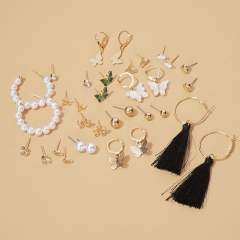 16 pair Hot sale pearl tassel leopard pattern hoop earrings set