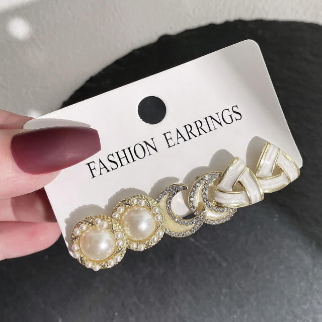3 pair white color pearl bead studs hoop earrings set