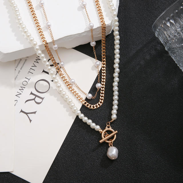 Three layer faux pearl necklace set for men