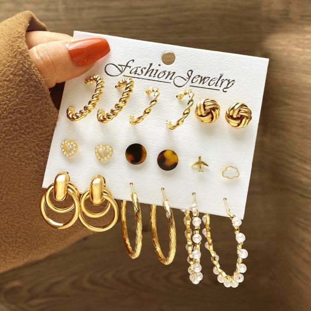 9 pair hot sale gold color easy match hoop earrings set for women