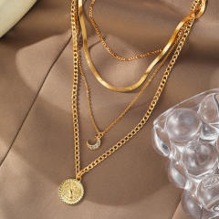 Boho four layer snake chain moon coin pendant women necklace