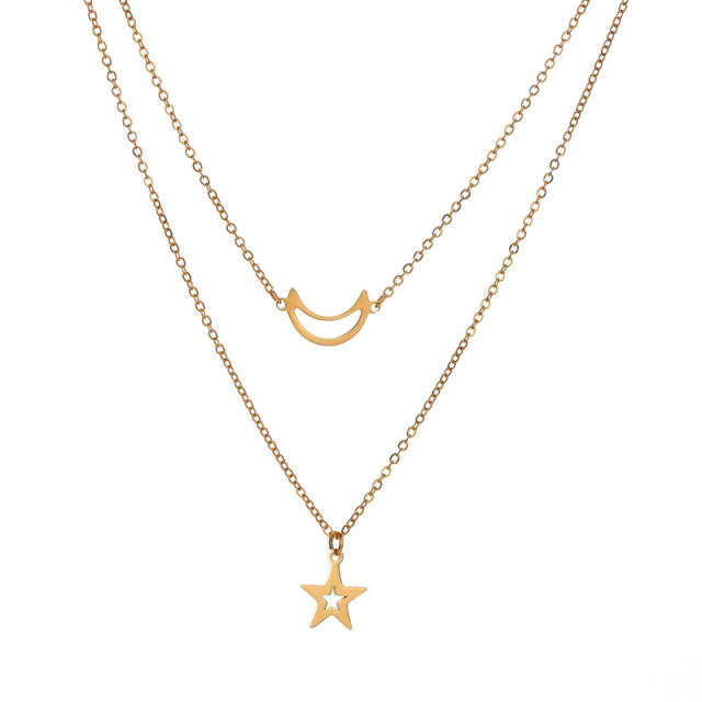 Dainty two layer hollow moon star stainless steel necklace