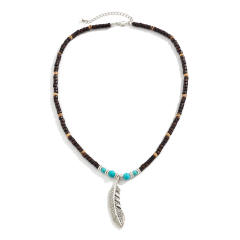 Boho wood bead silver feather pendant necklace for men