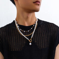 Three layer faux pearl necklace set for men