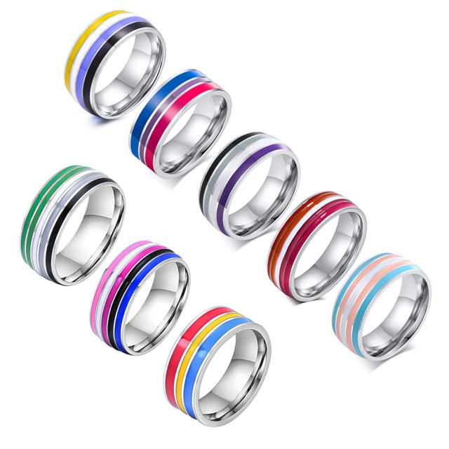 8MM color enamel rainbow stainless steel rings band for men women