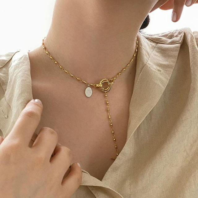 18K gold plated circle y shape stainless steel choker necklace