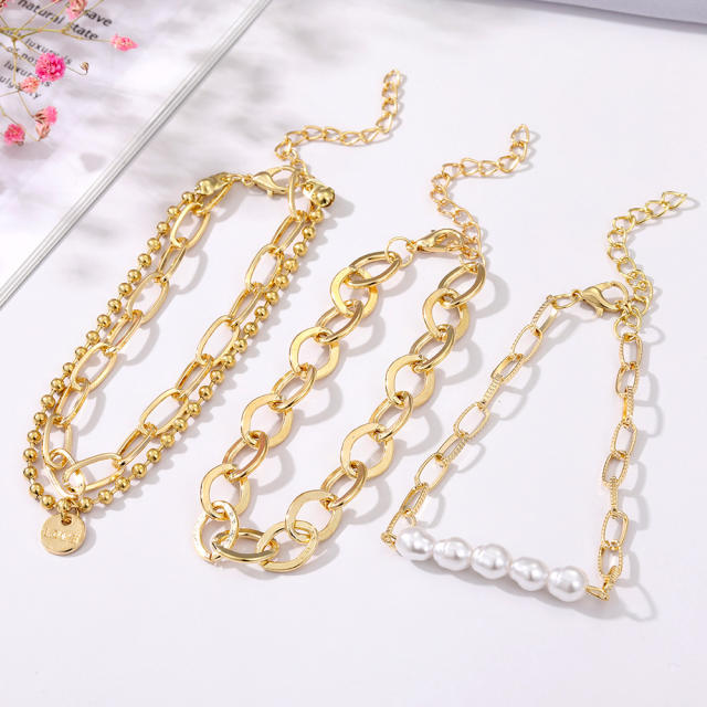 4pcs gold color alloy chain pearl bead chain bracelet set for women