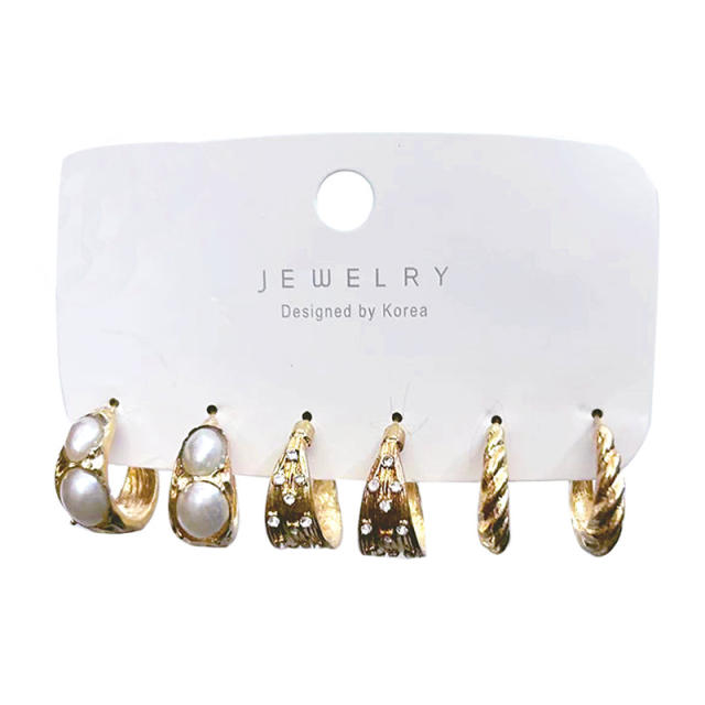 3 pair white color pearl bead studs hoop earrings set