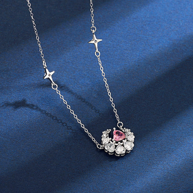 925 sterling silver pink cubic zircon heart moon pendant dainty women necklace