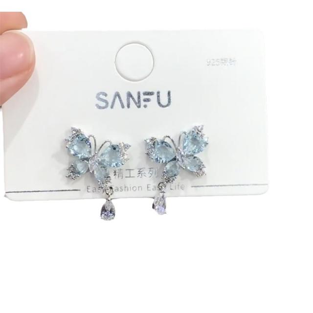 Delicate pink blue cubic zircon butterfly women earrings