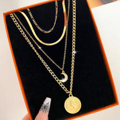 Boho four layer snake chain moon coin pendant women necklace