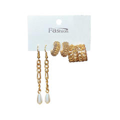 3 pair white color pearl bead studs hoop earrings set