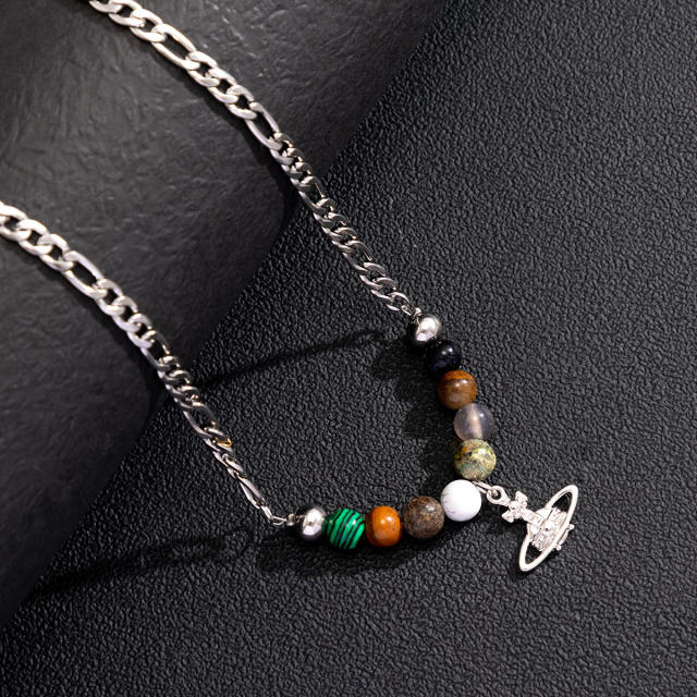 Hiphop Saturn pendant colorful bead stainless steel figaro chain necklace for men