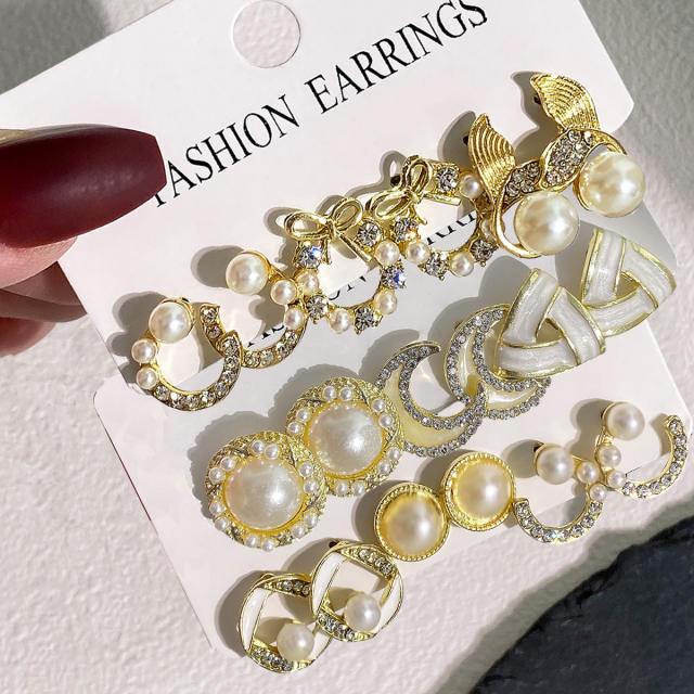 3 pair white color pearl bead studs hoop earrings set