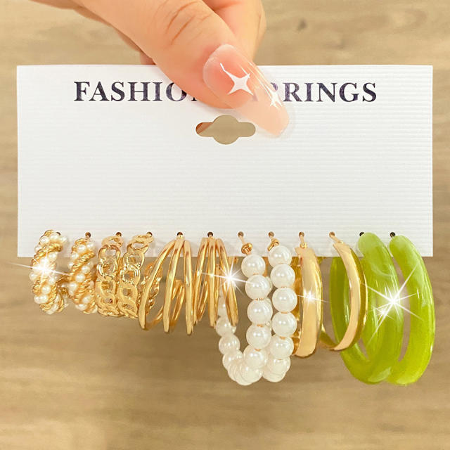 5 pair fresh green color acrylic hoop pearl hoop earring set