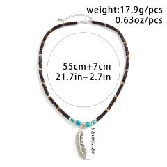Boho wood bead silver feather pendant necklace for men