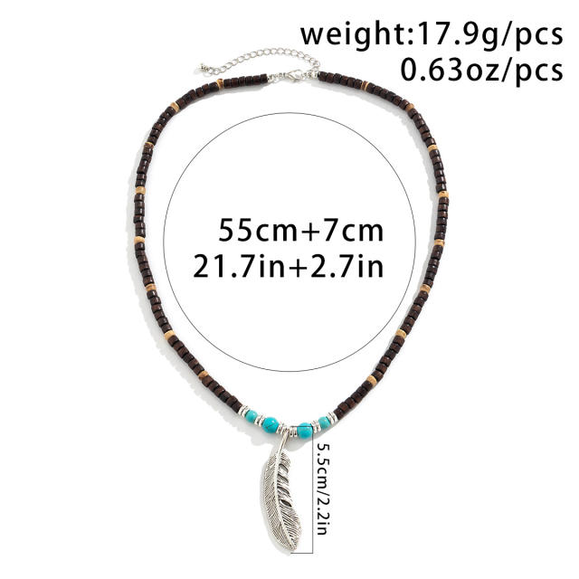 Boho wood bead silver feather pendant necklace for men