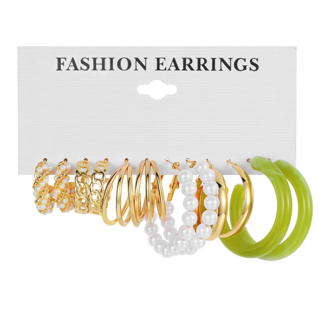 5 pair fresh green color acrylic hoop pearl hoop earring set
