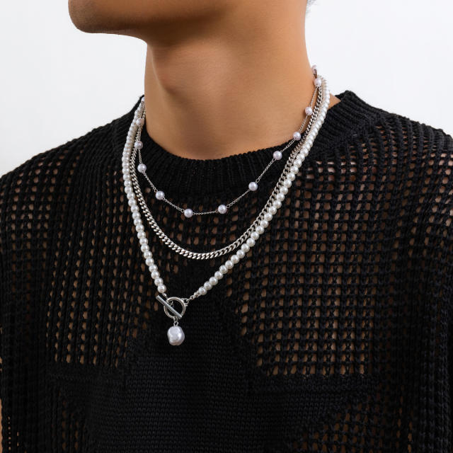 Three layer faux pearl necklace set for men
