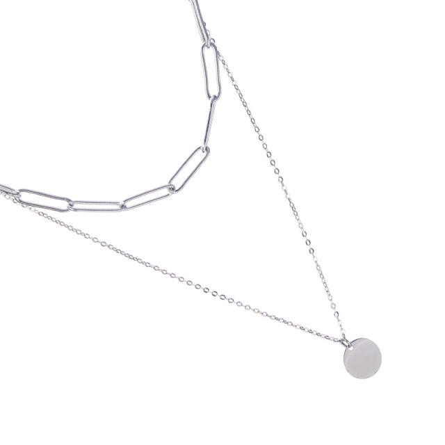 Classic paperclip chain coin pendant two layer stainless steel necklace