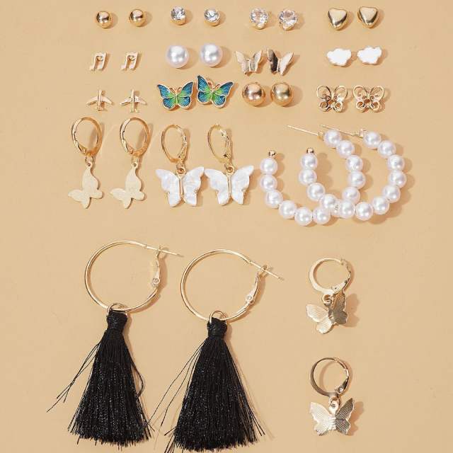 16 pair Hot sale pearl tassel leopard pattern hoop earrings set