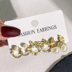 3 pair white color pearl bead studs hoop earrings set