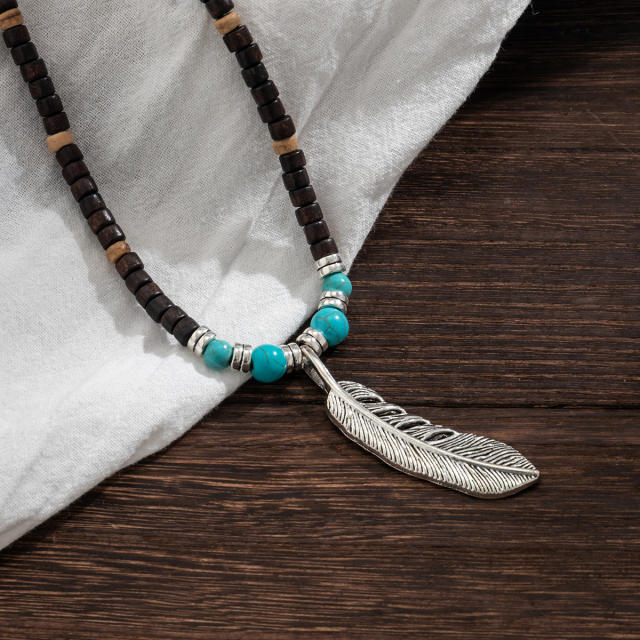 Boho wood bead silver feather pendant necklace for men
