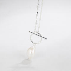 Dainty 925 sterling silver baroque pearl pendant toggle necklace for women