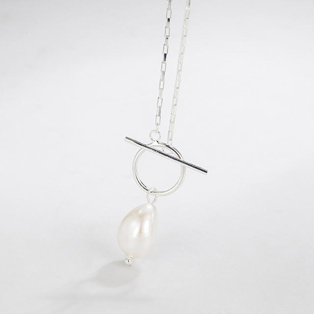 Dainty 925 sterling silver baroque pearl pendant toggle necklace for women
