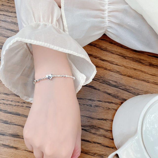 925 sterling silver tiny heart bead bracelet for women
