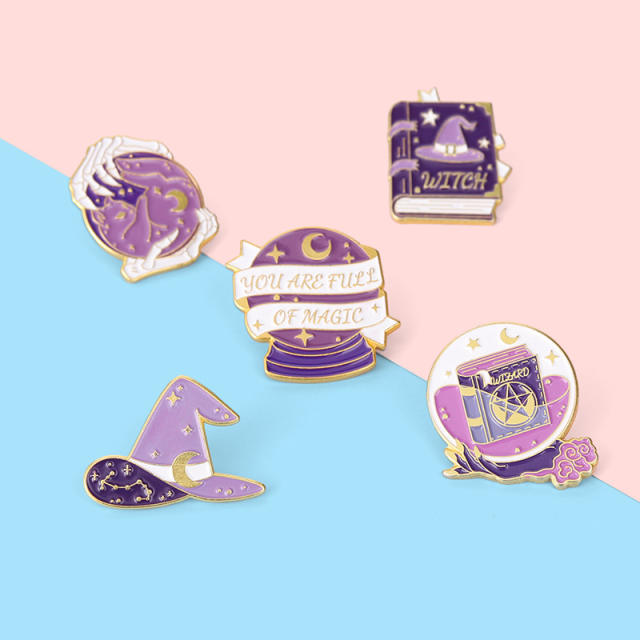 Cartoon purple color enamel halloween the witch series brooch pins