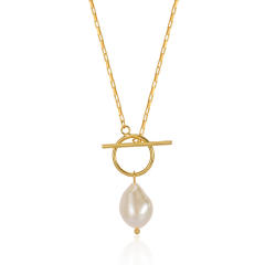 Dainty 925 sterling silver baroque pearl pendant toggle necklace for women