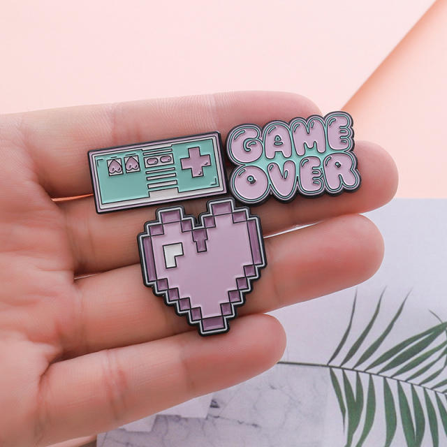Cute game over letter pink heart brooch pins