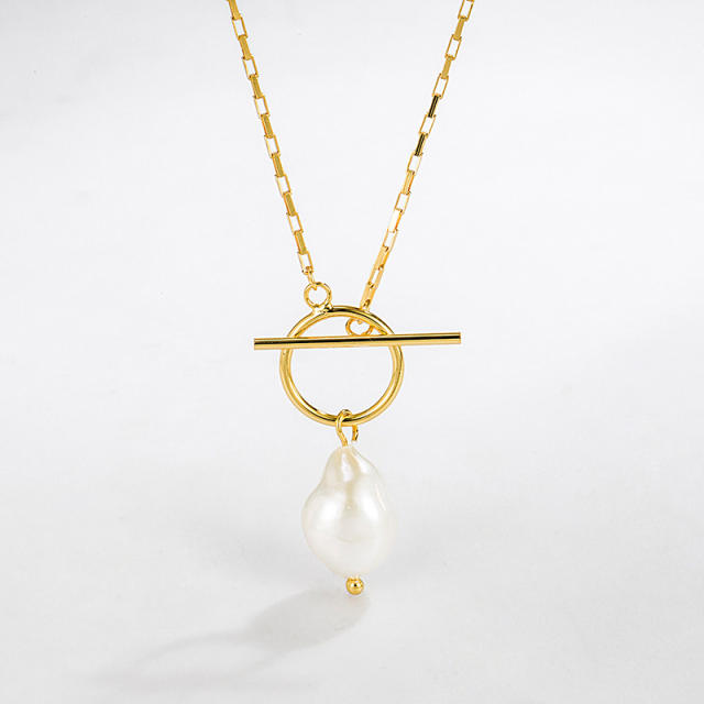 Dainty 925 sterling silver baroque pearl pendant toggle necklace for women