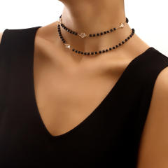 White color rhinestone black bead two layer women choker necklace