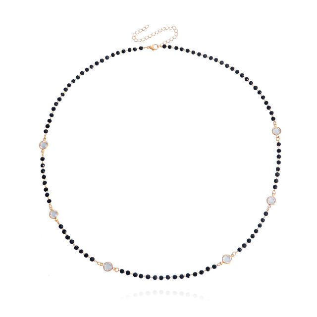 White color rhinestone black bead two layer women choker necklace