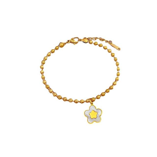 Personality mother shell five petal flower charm stainless steel bead bracelet