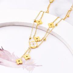 18K two layer white mother shell clover stainless steel anklet