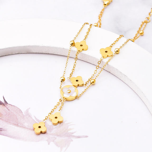 18K two layer white mother shell clover stainless steel anklet