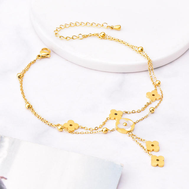18K two layer white mother shell clover stainless steel anklet