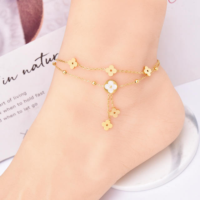 18K two layer white mother shell clover stainless steel anklet