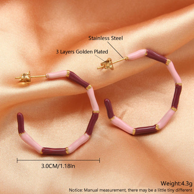Fashionable color enamel stainless steel open hoop bamboo earrings